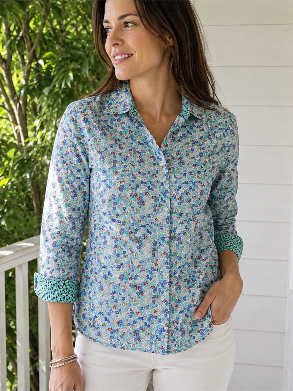 Talbots 100% Cotton Floral Button Front Shirt Women’s  MP Blue Green Ditsy Print